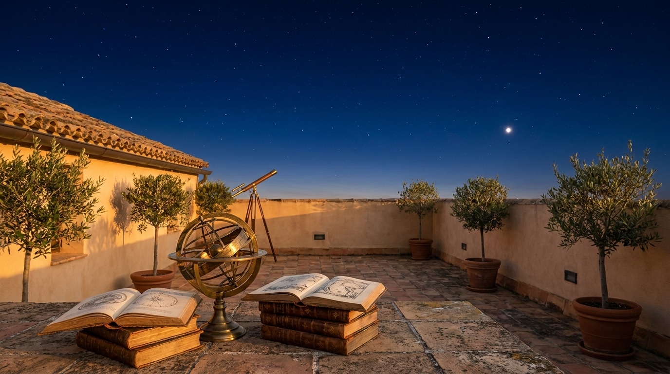 Ciel étoilé au-dessus d'une terrasse avec globe céleste