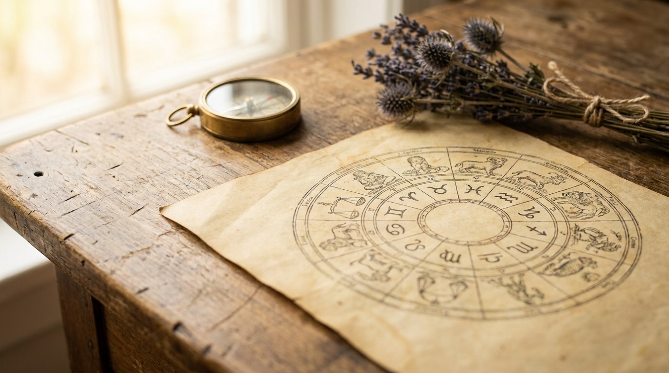 Roue du zodiaque ancienne posée sur un bureau en bois