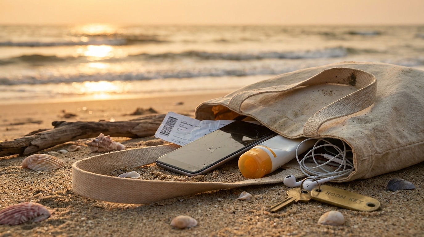 Sac de plage renversé avec téléphone et billet d'avion éparpillés sur le sable