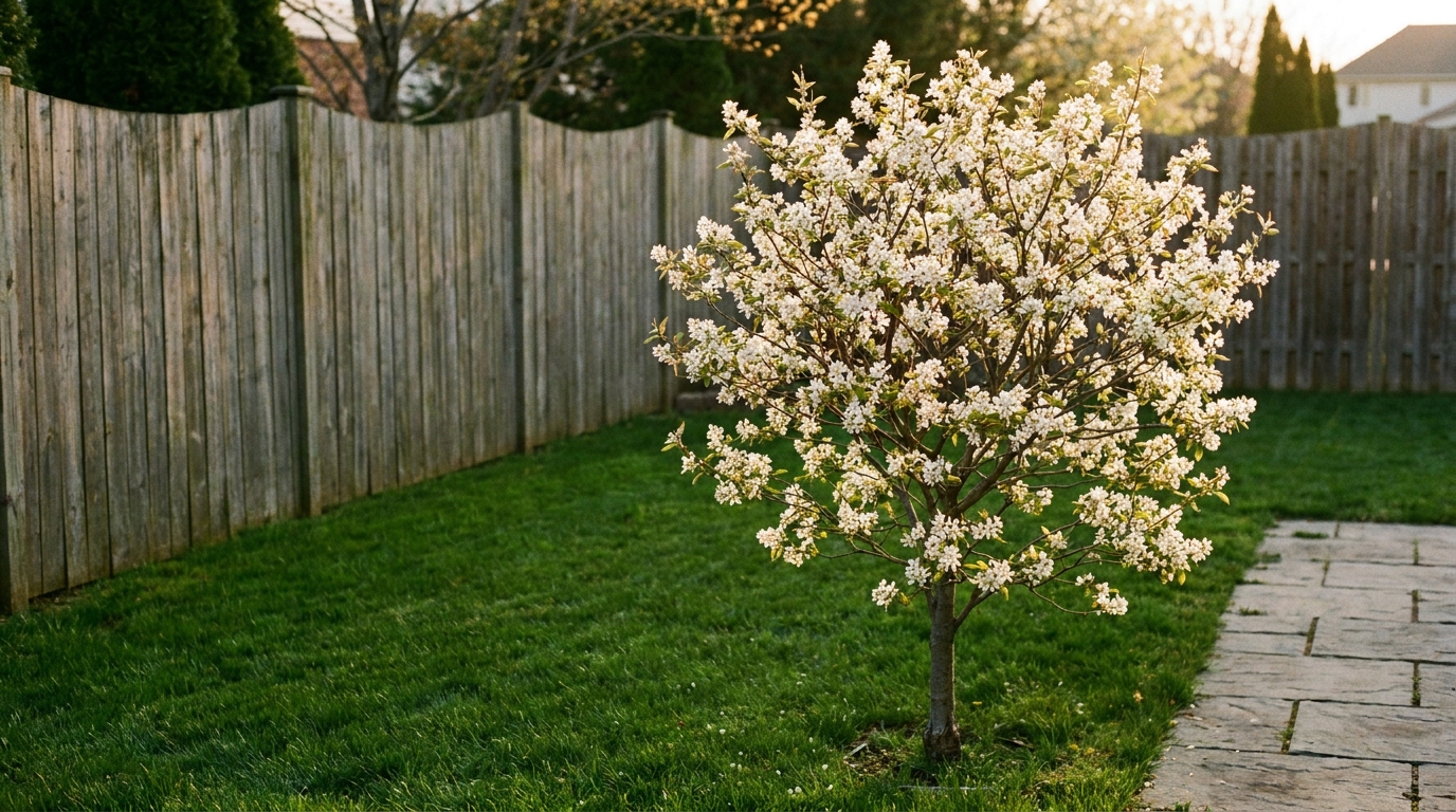 Amélanchier en fleurs dans un jardin résidentiel