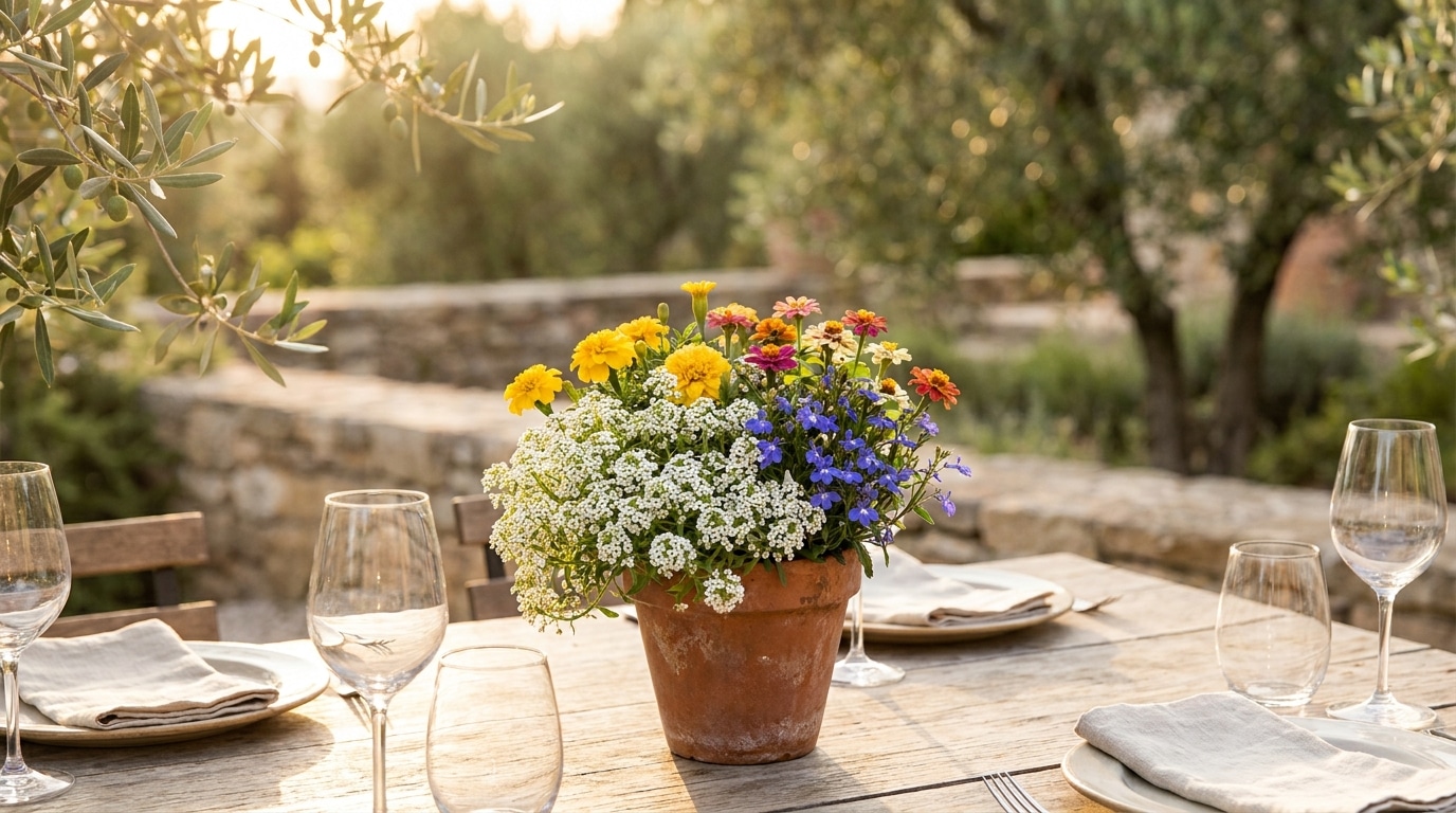 Petit pot de fleurs colorées au centre d'une table d'été