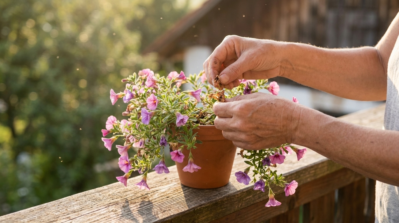 Mains retirant une fleur fanée d'un calibrachoa en pot