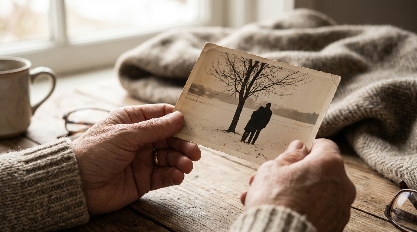 Mains tenant une vieille photo de couple dans une lumière tamisée