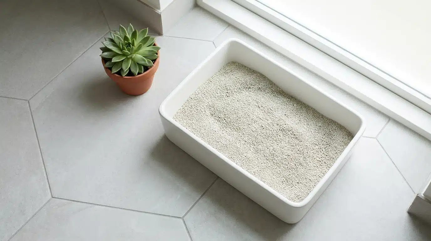 Litière propre pour chat vue du dessus sur carrelage clair