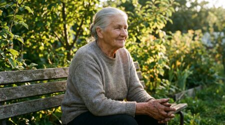 Femme âgée sereine assise sur un banc de jardin ensoleillé