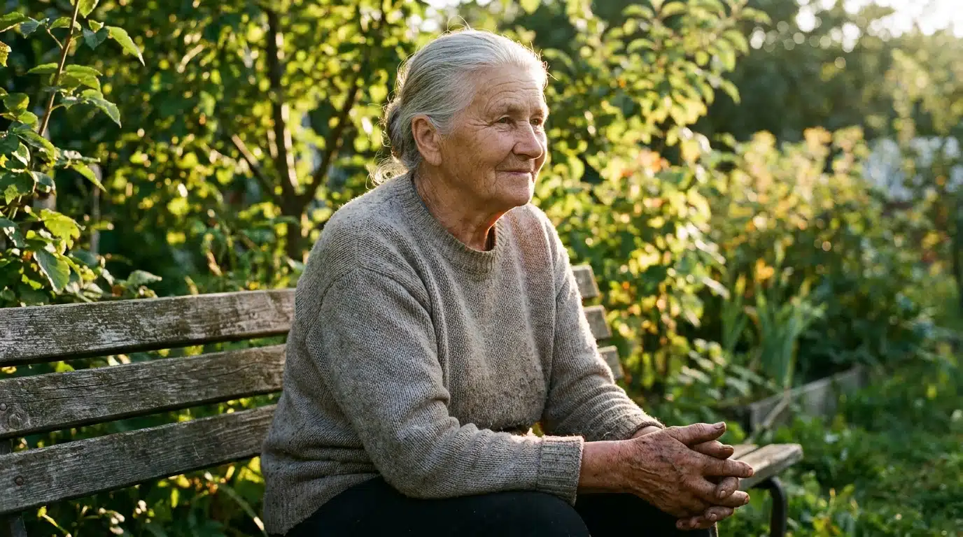 Femme âgée sereine assise sur un banc de jardin ensoleillé