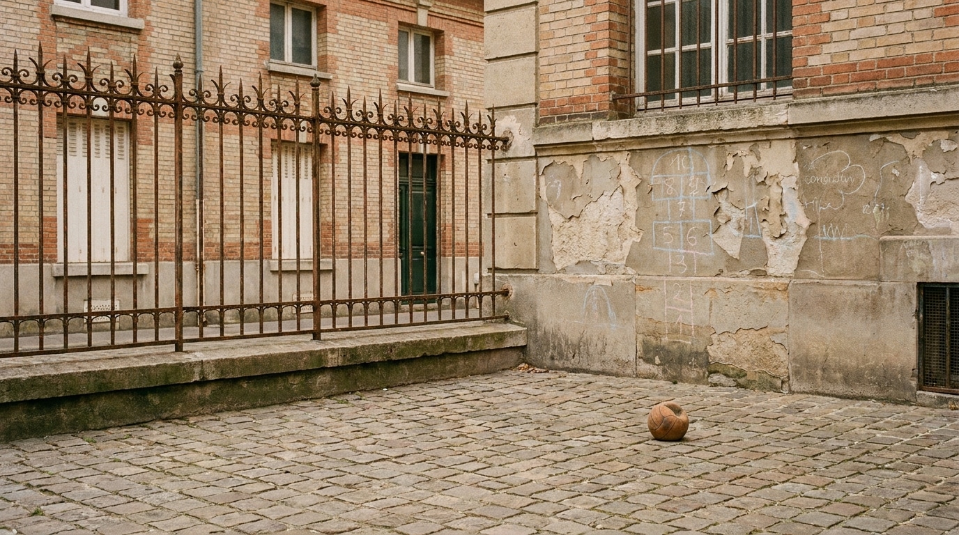 Cour d'école vide des années 60 avec un ballon oublié