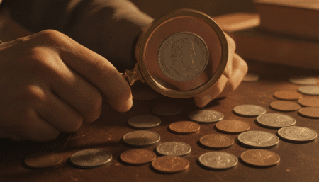 Personne examinant des pièces de francs à la loupe