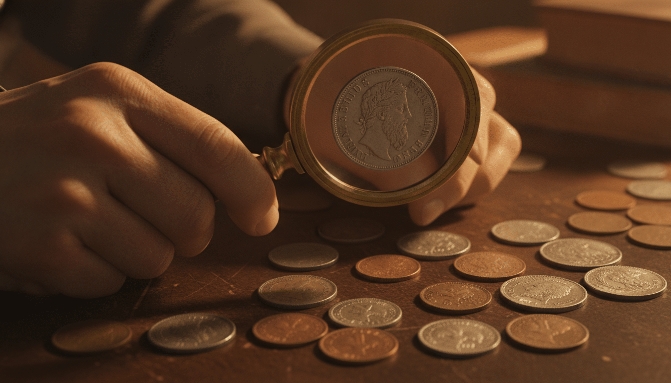 Personne examinant des pièces de francs à la loupe