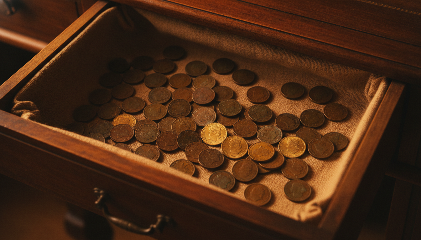 Anciennes pièces de centimes françaises dans un tiroir