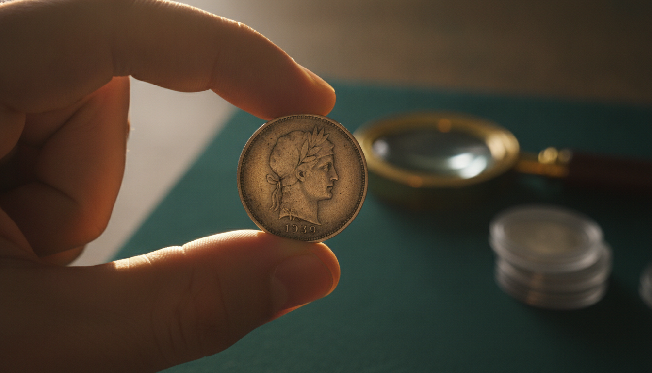 Pièce de 20 francs Turin 1939 en argent tenue à la main
