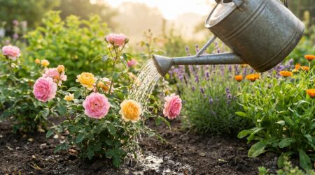 Arrosage matinal au pied de rosiers dans un jardin fleuri