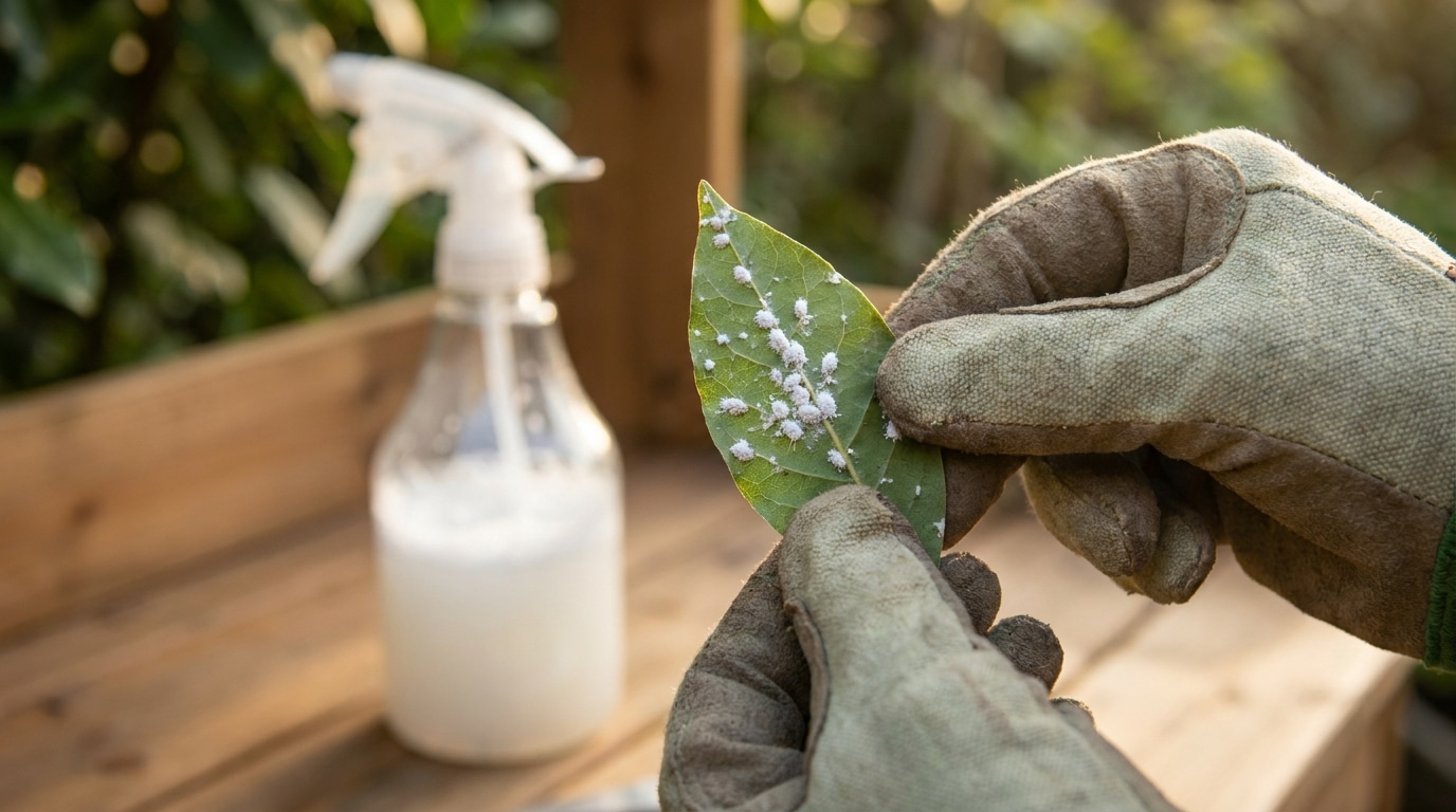 Cochenilles blanches sous une feuille de laurier inspectée à la main