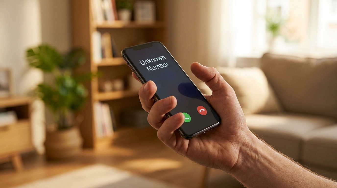 Smartphone affichant un appel entrant de numéro inconnu