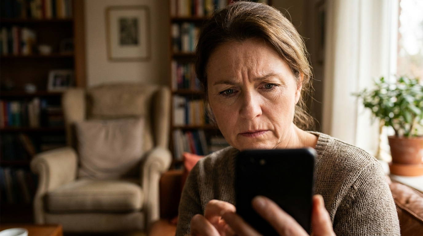 Femme inquiète regardant son téléphone avec méfiance