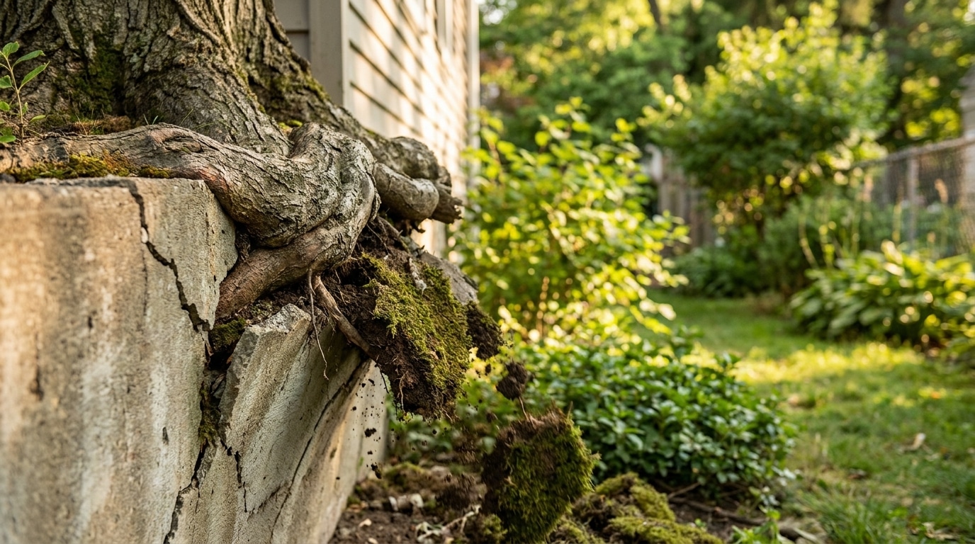 Racines d'arbre fissurant une fondation de maison