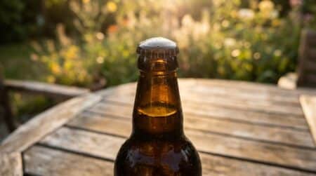 Bouteille de bière artisanale avec capsule bombée sur table en bois
