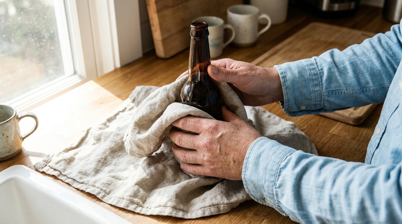 Mains enveloppant une bouteille en verre dans un torchon