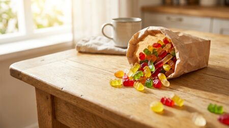Sachet de bonbons gélifiés colorés sur table en bois