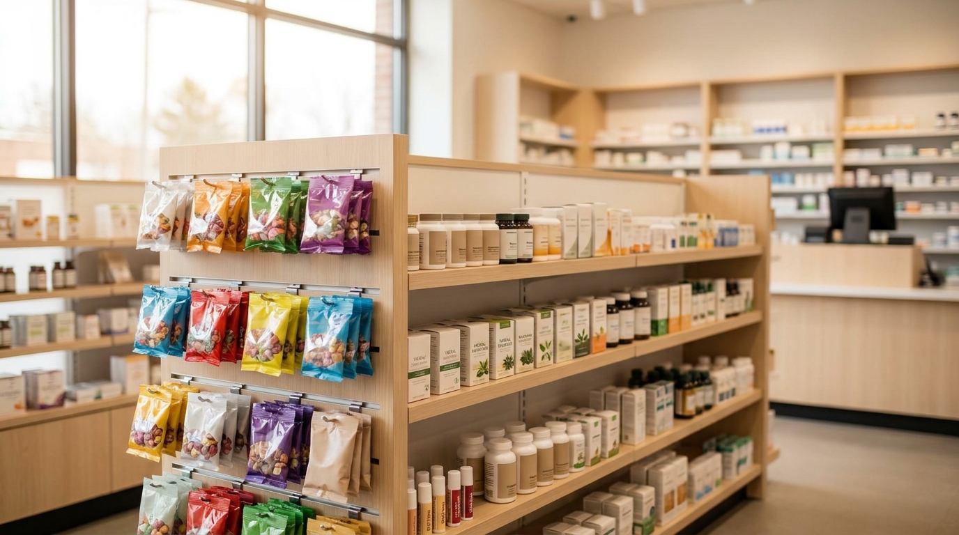 Paquets de confiseries sur étagère de pharmacie