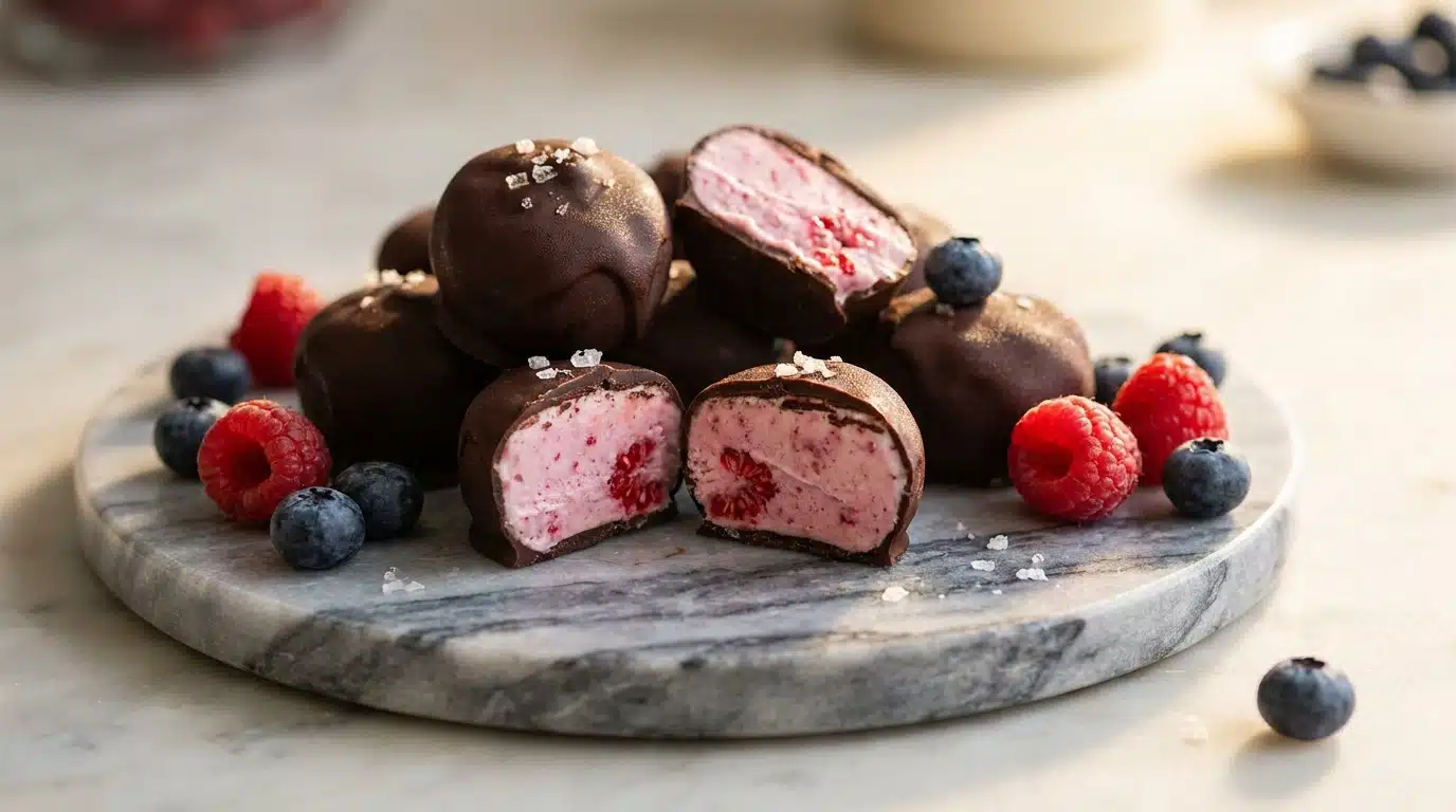 Bouchées glacées enrobées de chocolat noir sur marbre avec fruits rouges