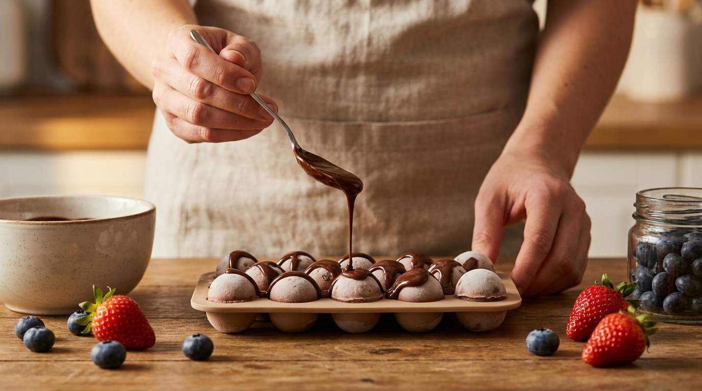 Mains versant du chocolat fondu sur des bouchées glacées dans un moule