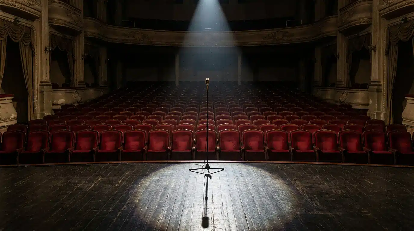 Salle de concert vide avec un micro abandonné sur scène, symbole des 23 dates annulées de la tournée de Patrick Bruel