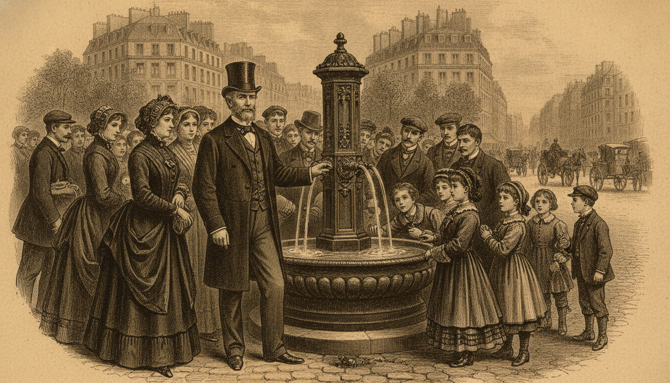 Installation historique d'une fontaine publique à Paris en 1872