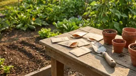 Sachets de graines et outils de jardinage sur table en bois