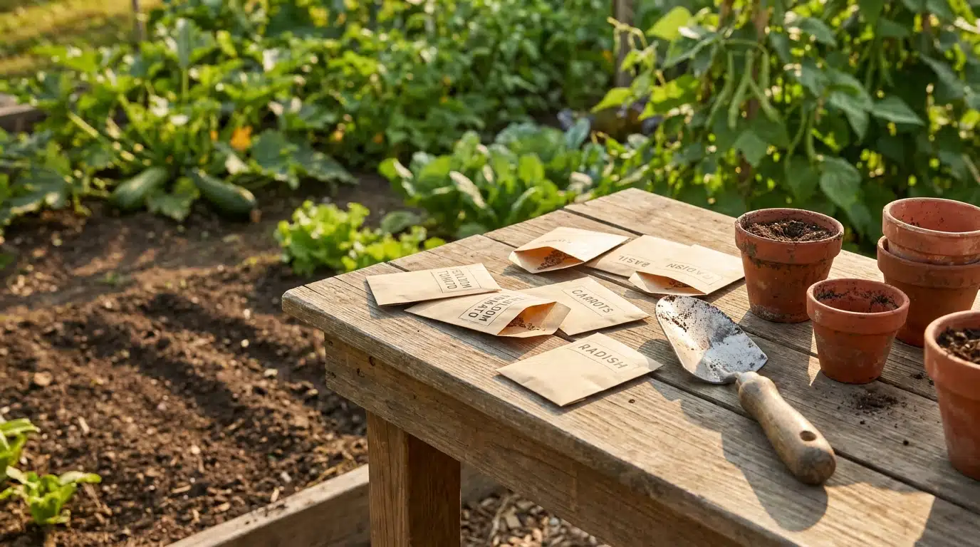 Sachets de graines et outils de jardinage sur table en bois