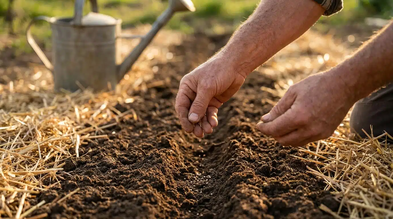 Mains déposant des graines dans un sillon de terre humide