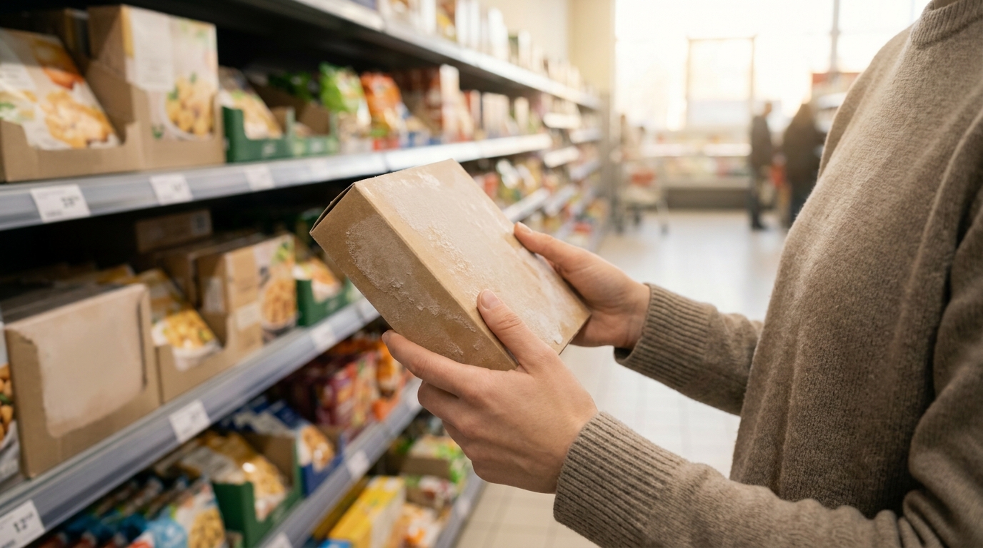 Mains retournant un emballage surgelé pour lire l'étiquette