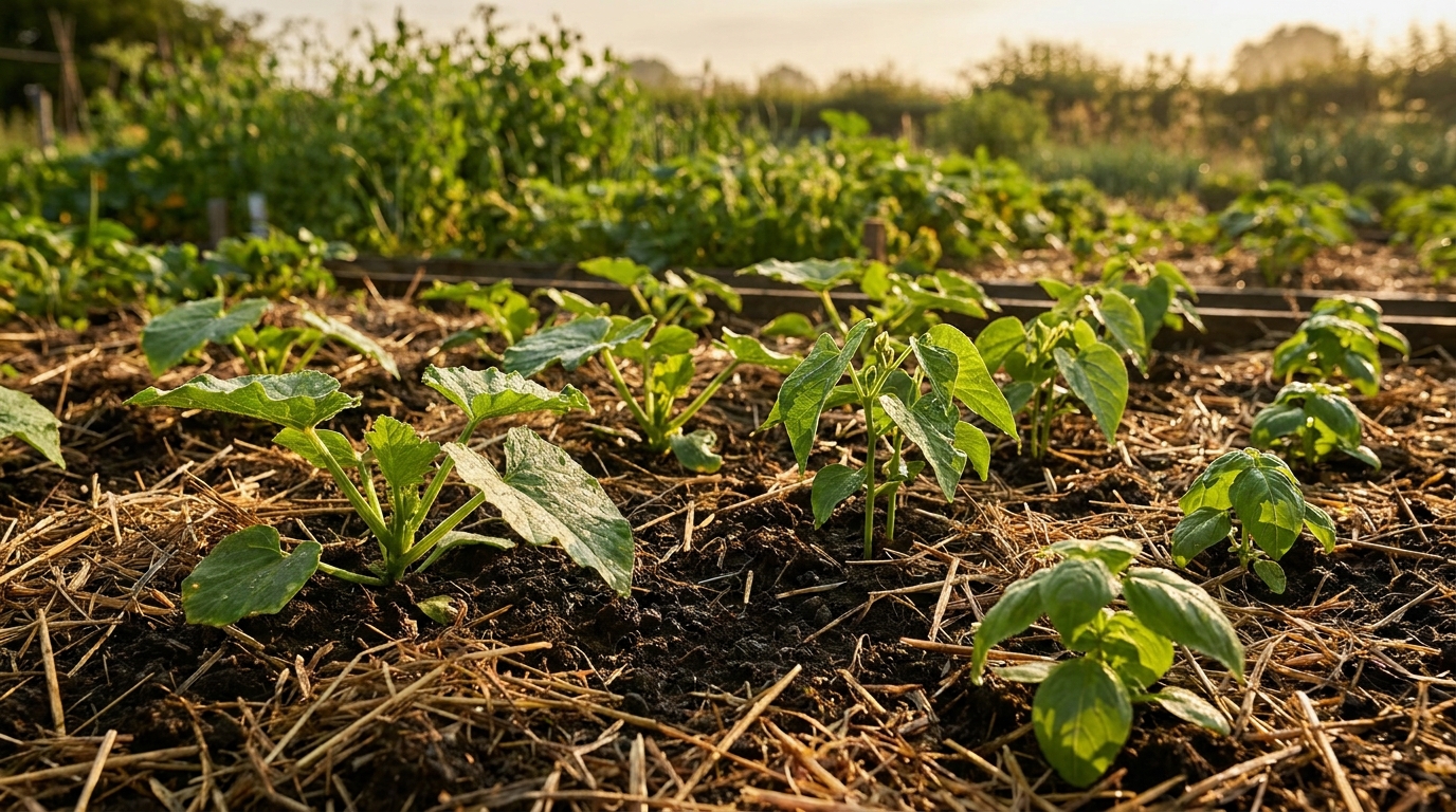 Potager estival avec courgettes haricots et basilic au soleil