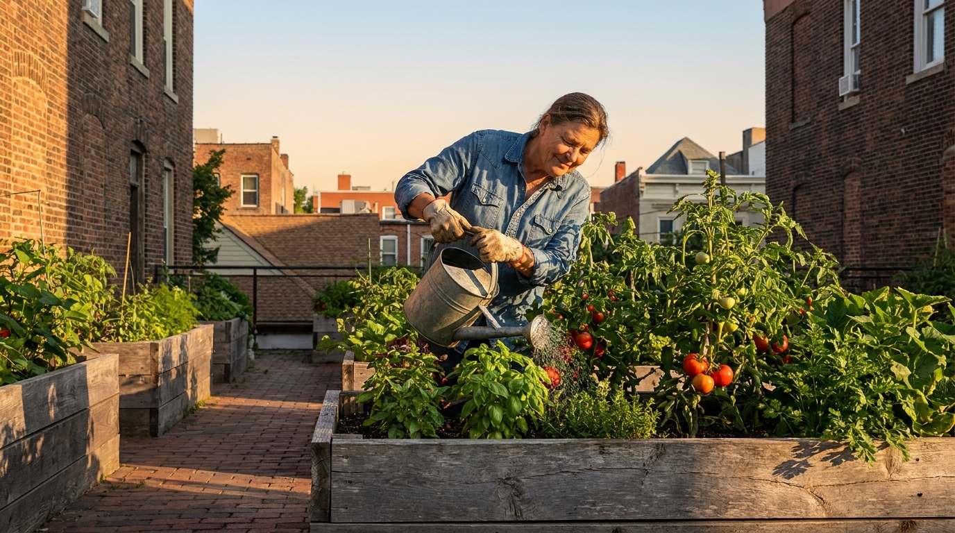 Personne arrosant un carré potager urbain à l'aube