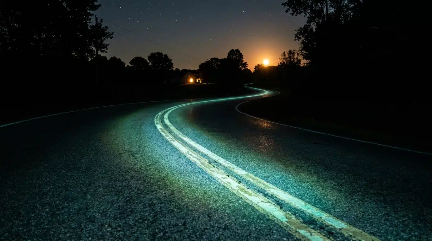 Marquages fluorescents lumineux sur une route sombre la nuit
