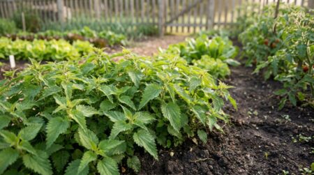 Touffe d'orties au bord d'un potager ensoleillé