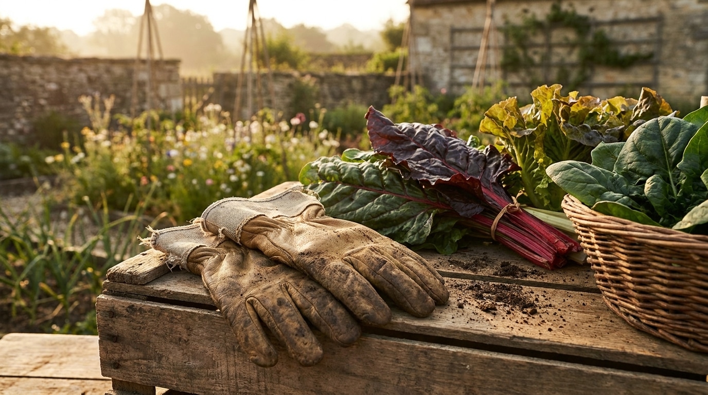 Gants de jardinage posés près de légumes-feuilles récoltés