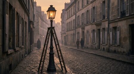 Réverbère ancien dans une rue pavée à l'aube