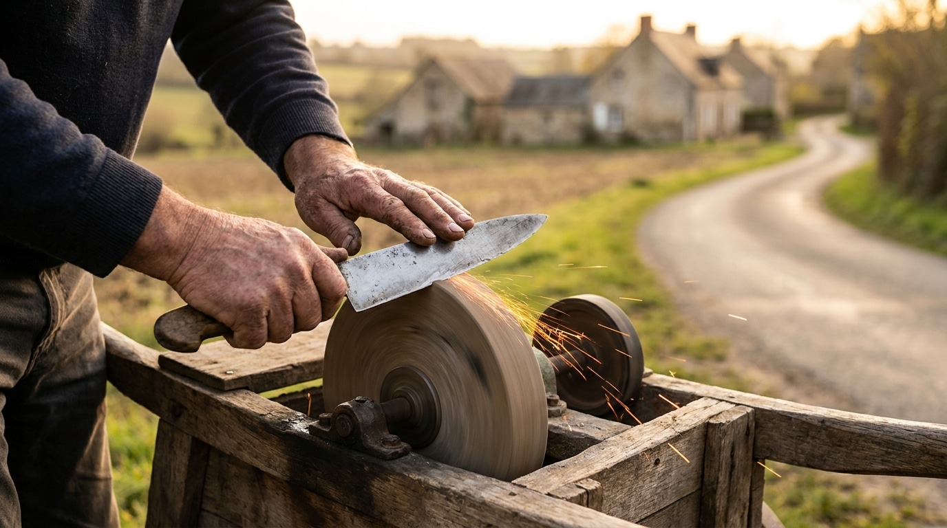 Mains usées aiguisant un couteau sur une meule artisanale