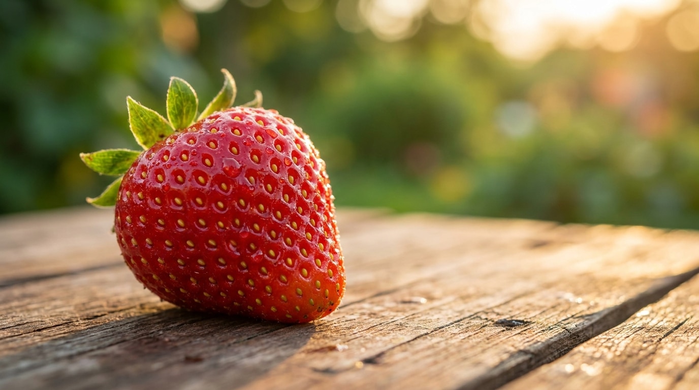 Gros plan sur les akènes jaunes d'une fraise mûre