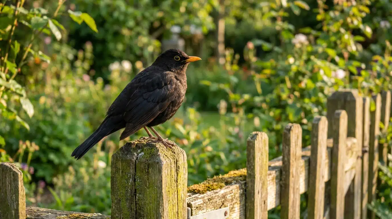 Merle noir au bec jaune posé sur une clôture de jardin