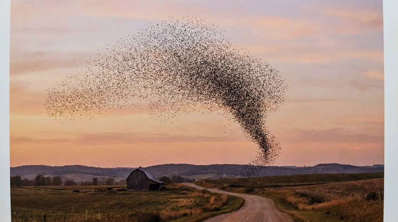 Nuée d'étourneaux formant une murmuration dans le ciel au crépuscule