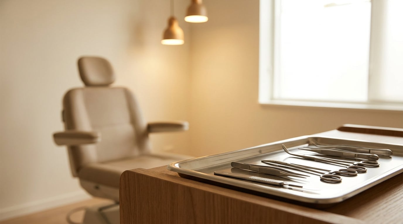 Salle de consultation en clinique esthétique avec instruments chirurgicaux