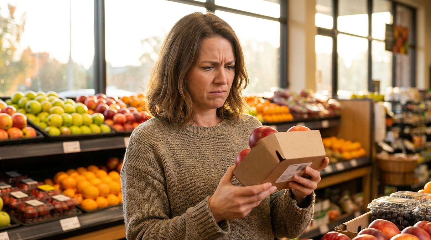 Femme inquiète vérifiant l'étiquette d'une barquette de nectarines en supermarché