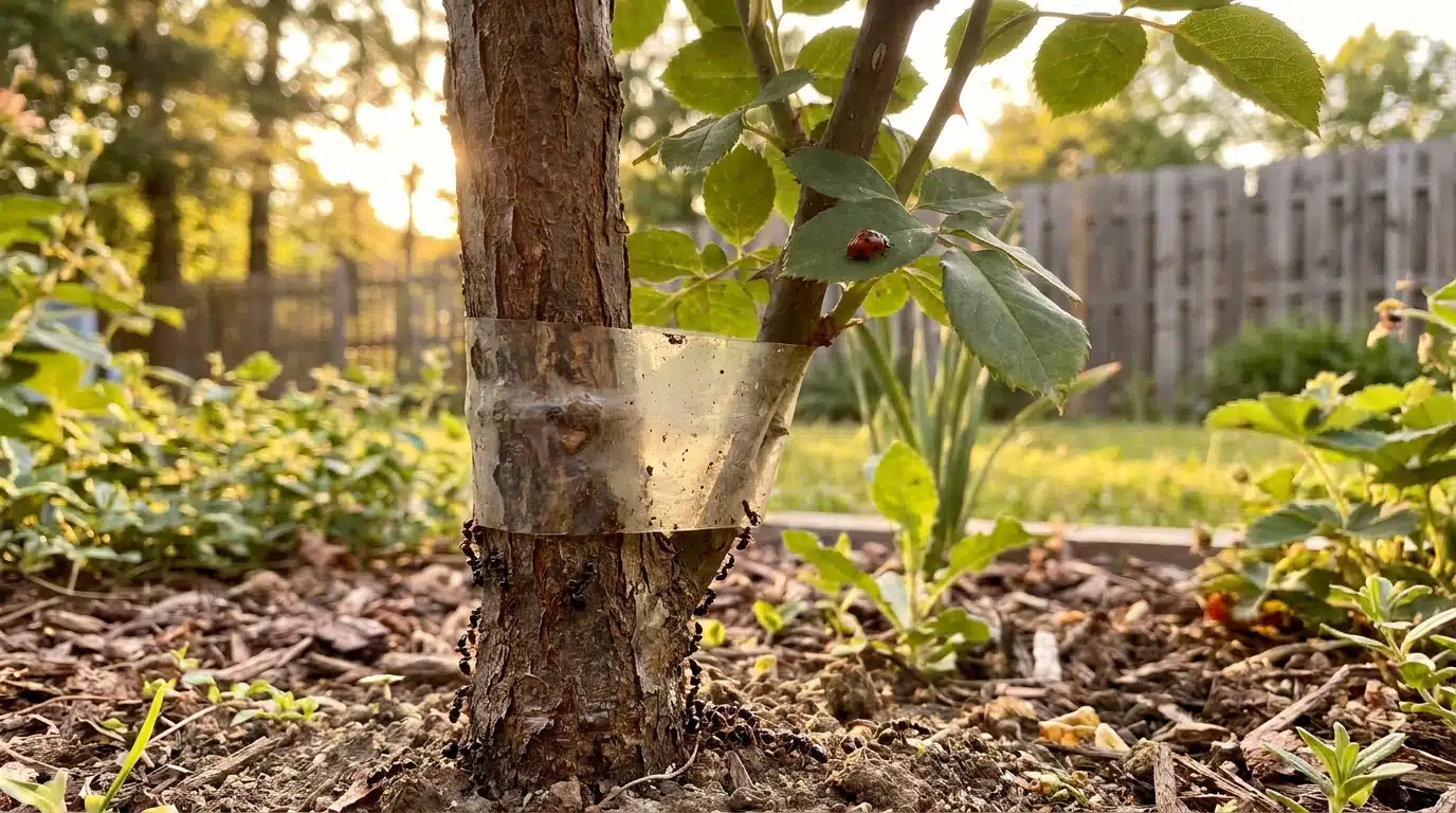 Ruban de glu autour d'un tronc de rosier avec fourmis bloquées
