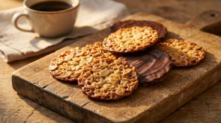 Florentins dorés aux amandes sur planche en bois avec chocolat noir