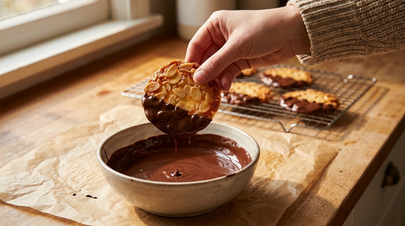 Main trempant un florentin dans du chocolat noir fondu