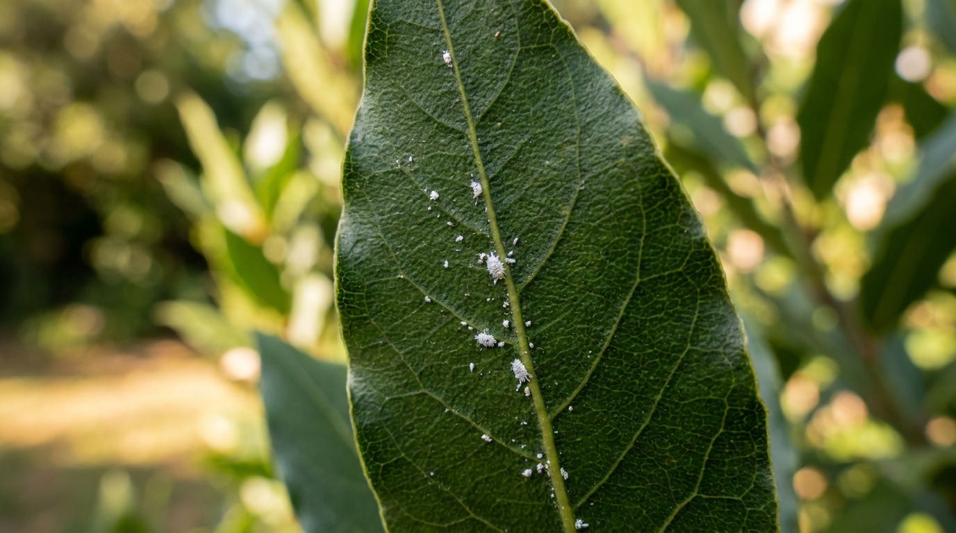 Cochenilles farineuses blanches sous une feuille de laurier