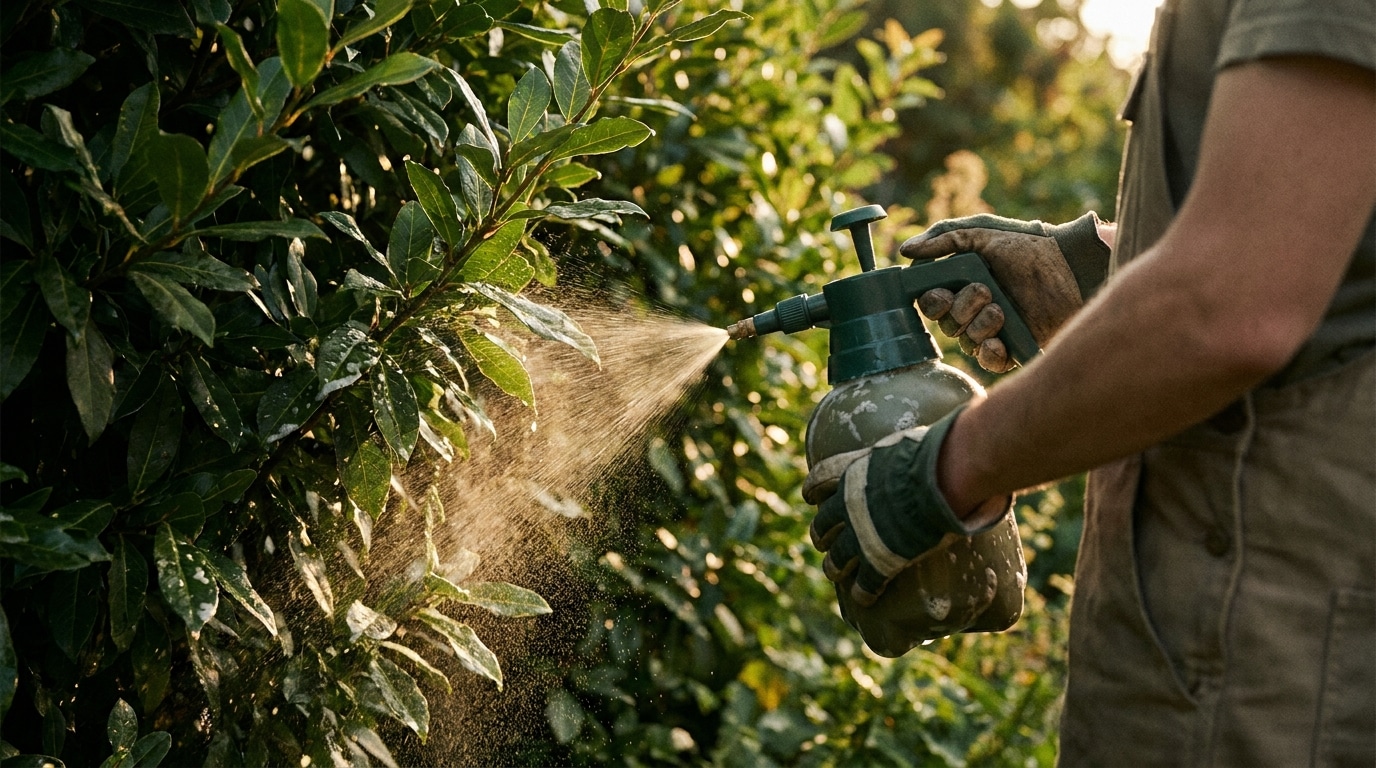 Mains pulvérisant du savon noir sous des feuilles de laurier