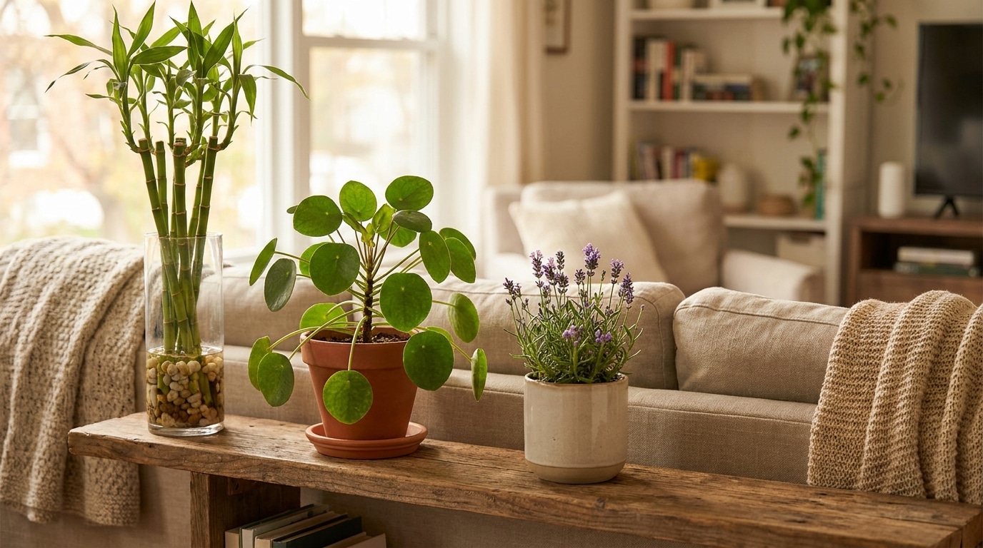 Bambou de la chance, pilea et lavande sur une étagère d'intérieur